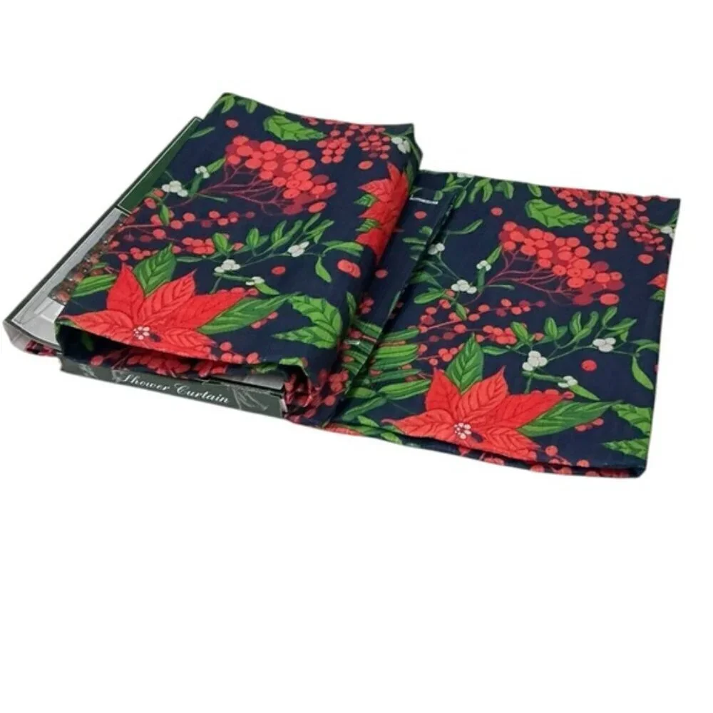 Christmas Shower Curtain Holiday Poinsettias Fabric Classic Navy Blue 70x72 In